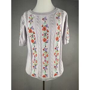 CiCi Bird Puff Sleeve Embroidered Sweater Womens L Lavender Cottagecore Granny